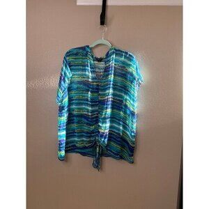 Jessica Women's Blue Striped Blouse size1X short sleeve striped button polyester